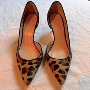 J Crew calf hair leopard print half d’orsay mid heels